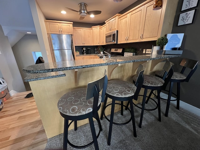 kitchen featuring kitchen peninsula, light brown cabinetry, and stainless steel appliances