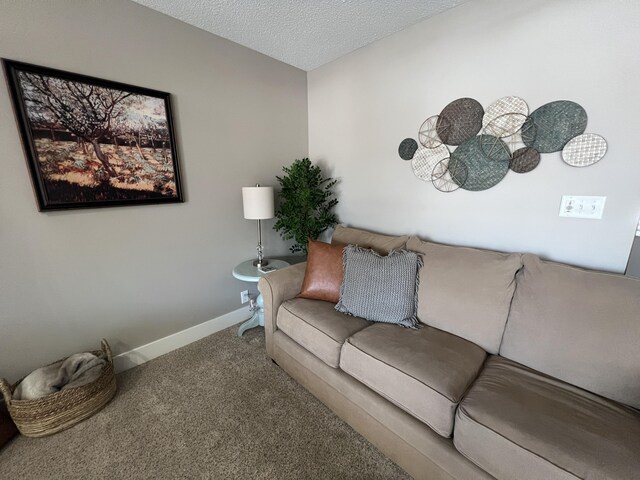 living room with a textured ceiling and carpet flooring