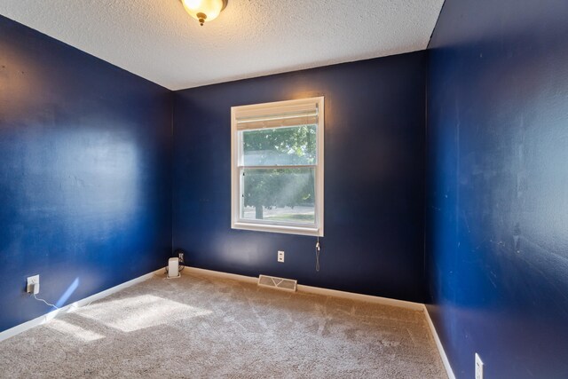 unfurnished room with a textured ceiling and carpet floors