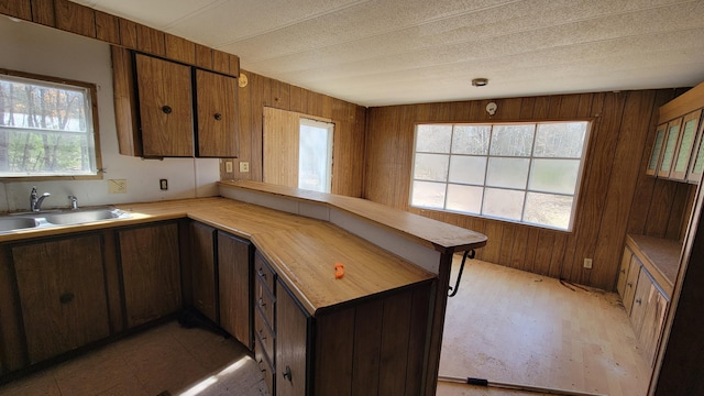 kitchen with sink, wood walls, and kitchen peninsula