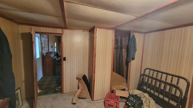 interior space featuring light colored carpet and wooden walls