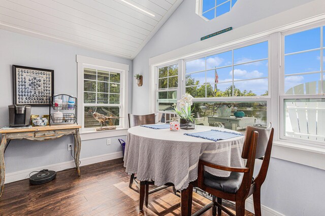 dining space featuring lofted ceiling, dark hardwood / wood-style floors, and wooden ceiling