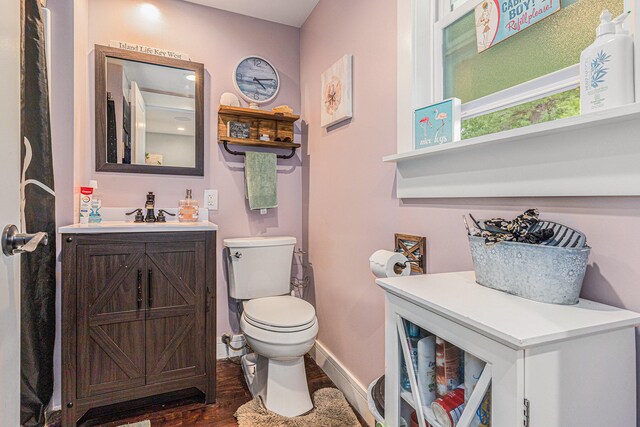 bathroom with hardwood / wood-style floors, vanity, and toilet