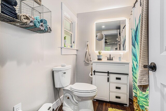 bathroom featuring wood-type flooring, vanity, and toilet