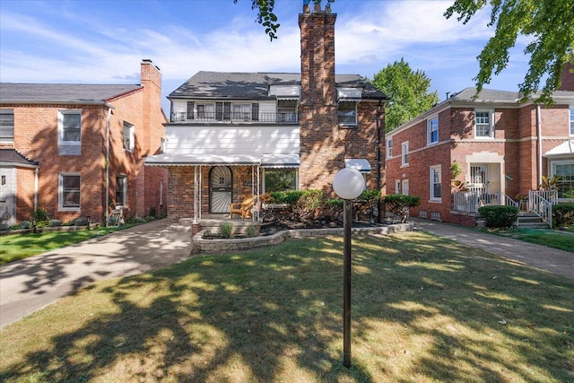 view of front of property with a balcony and a front yard