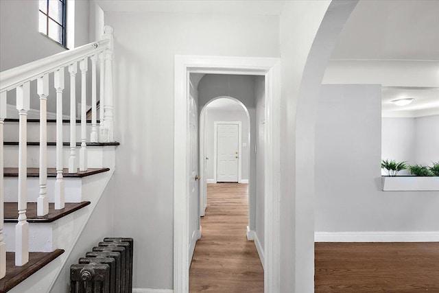 stairway with hardwood / wood-style flooring