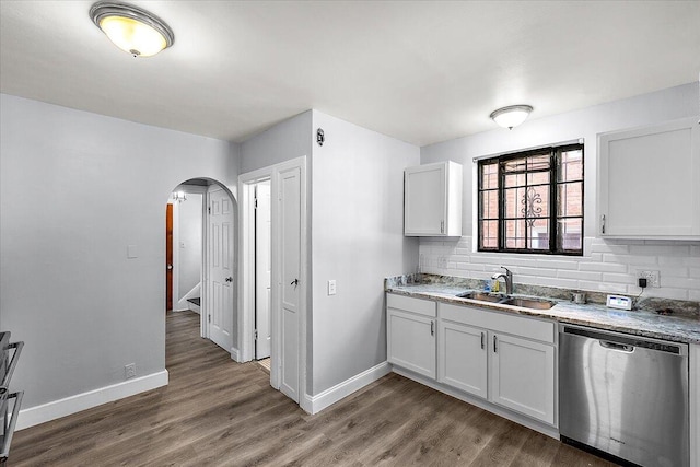 kitchen with stainless steel dishwasher, white cabinetry, and sink