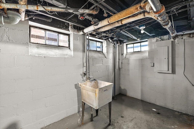 basement featuring electric panel and sink