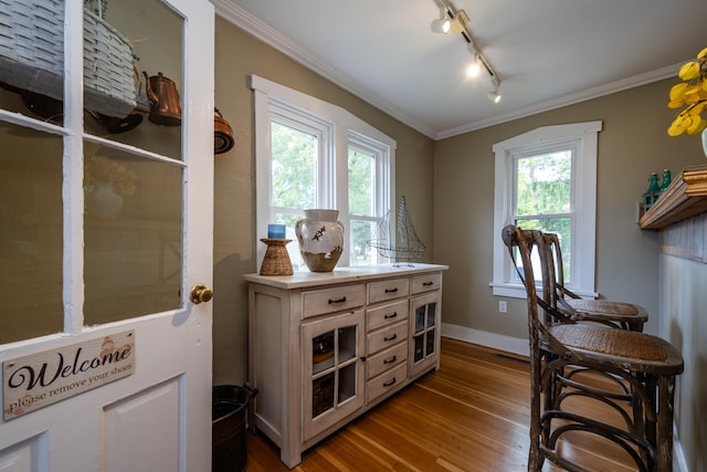 interior space with light wood-type flooring, rail lighting, and ornamental molding