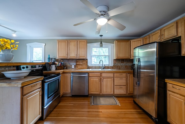 kitchen featuring ceiling fan, stainless steel appliances, backsplash, and a wealth of natural light