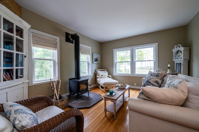 living room featuring light hardwood / wood-style flooring and a wood stove