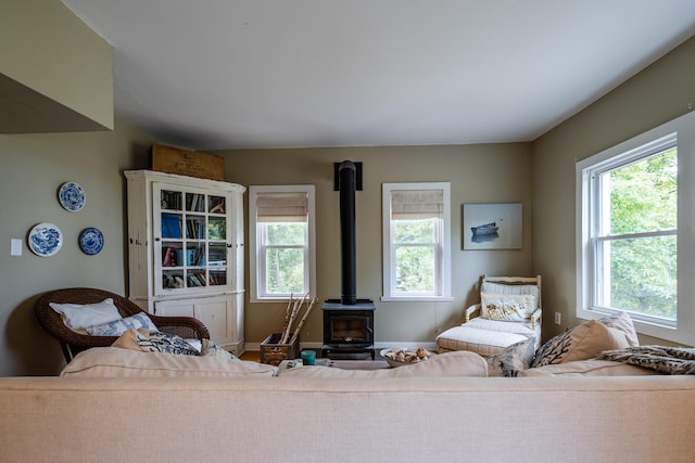 living room with a wood stove