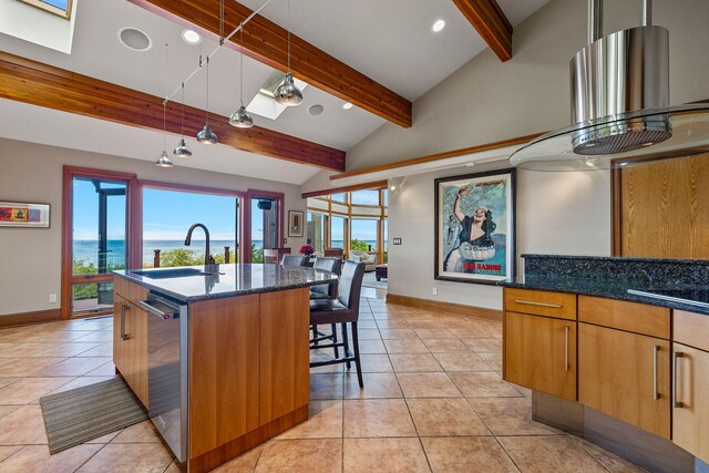 kitchen with sink, an island with sink, a water view, lofted ceiling with skylight, and stainless steel dishwasher