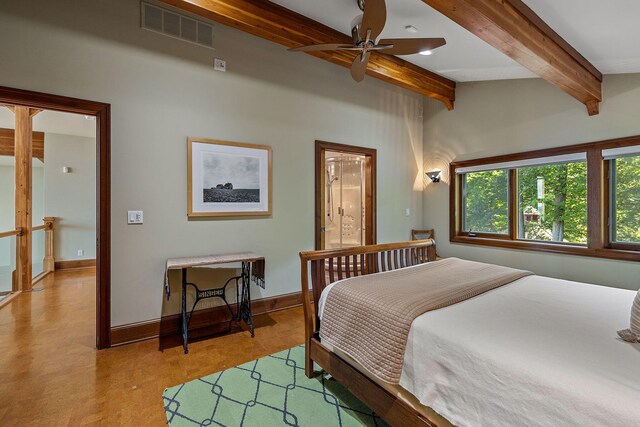 bedroom featuring light hardwood / wood-style floors, beamed ceiling, and ceiling fan