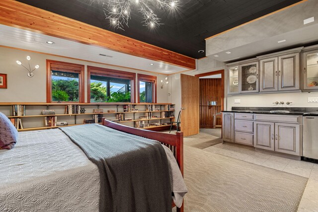 tiled bedroom featuring ornamental molding and beam ceiling