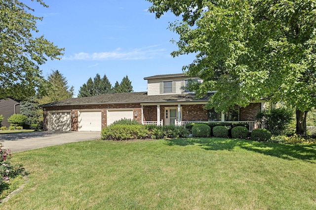 view of front of home featuring a front lawn, covered porch, and a garage