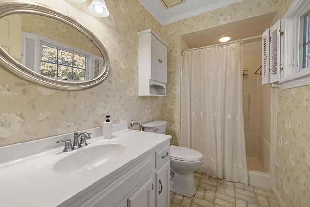 bathroom with walk in shower, crown molding, vanity, and toilet