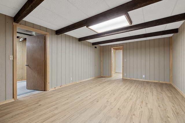 empty room with light hardwood / wood-style floors, wooden walls, and beamed ceiling