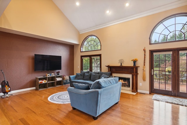 living room featuring high vaulted ceiling, crown molding, and light hardwood / wood-style flooring