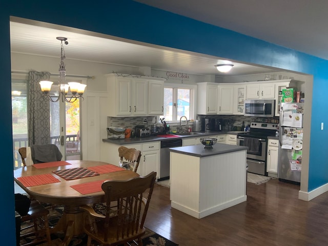 kitchen with stainless steel appliances, sink, pendant lighting, white cabinetry, and tasteful backsplash