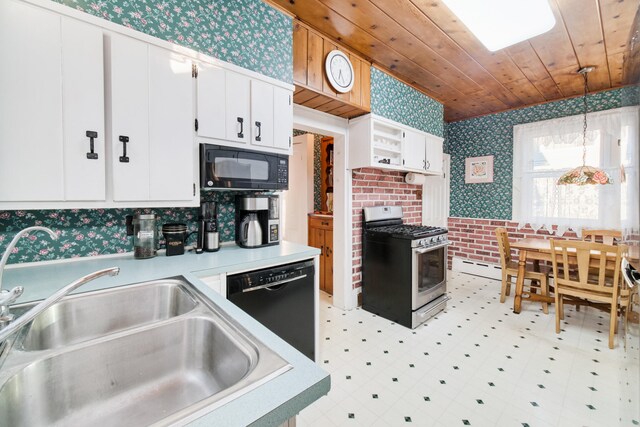 kitchen featuring wooden ceiling, sink, hanging light fixtures, black appliances, and white cabinetry