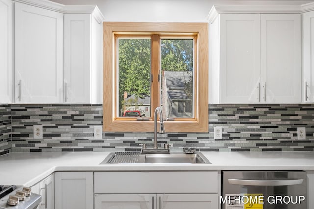 kitchen featuring dishwasher, decorative backsplash, white cabinetry, and sink