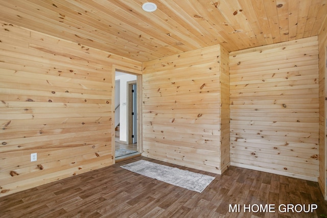 empty room with wood walls, hardwood / wood-style floors, and wood ceiling