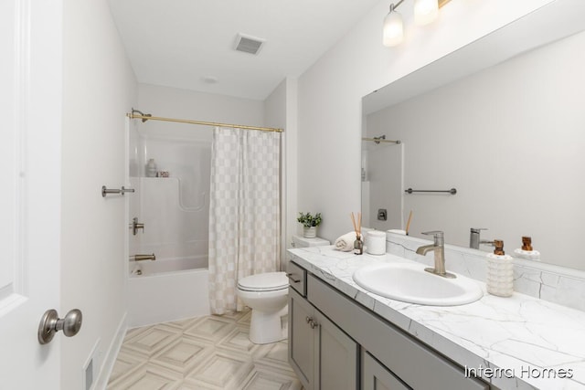 bathroom with shower / tub combo, visible vents, vanity, and toilet