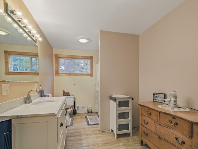 bathroom with vanity, hardwood / wood-style floors, and toilet