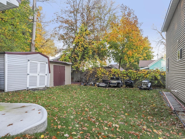 view of yard with a patio and a storage shed