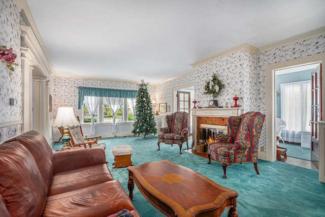 carpeted living room with ornamental molding and a tile fireplace