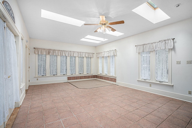 empty room featuring ceiling fan and a skylight