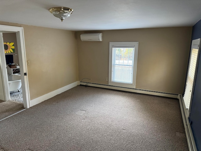 carpeted empty room with an AC wall unit and a baseboard heating unit