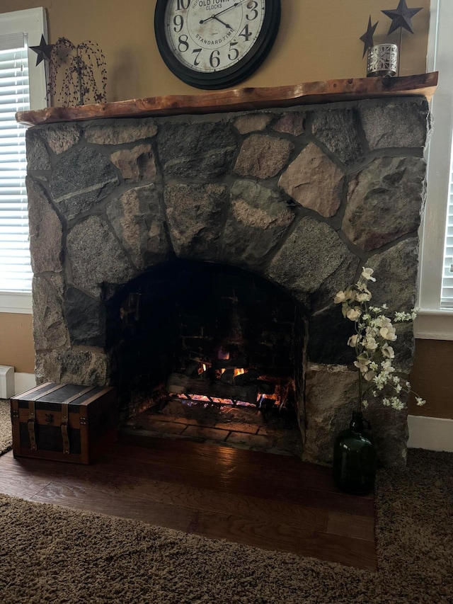 interior details with hardwood / wood-style floors and a fireplace