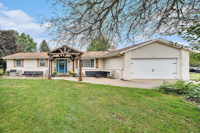 ranch-style home with an outdoor living space, a front lawn, and a garage