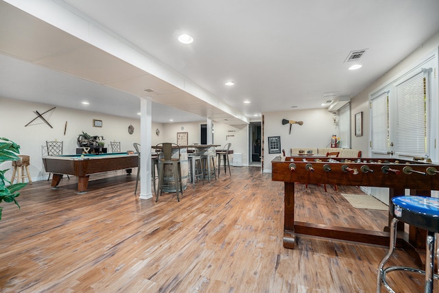 playroom featuring wood-type flooring and billiards