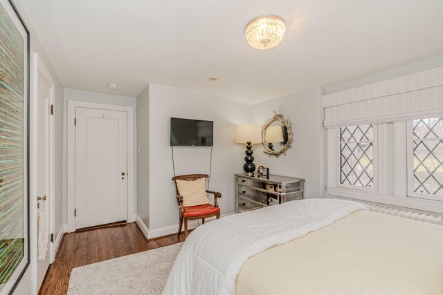 bedroom with dark hardwood / wood-style flooring