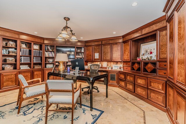 office with a notable chandelier