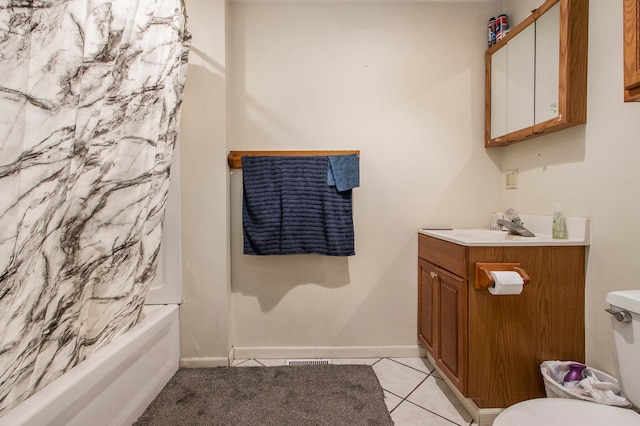 full bathroom with shower / bathtub combination with curtain, tile patterned floors, vanity, and toilet