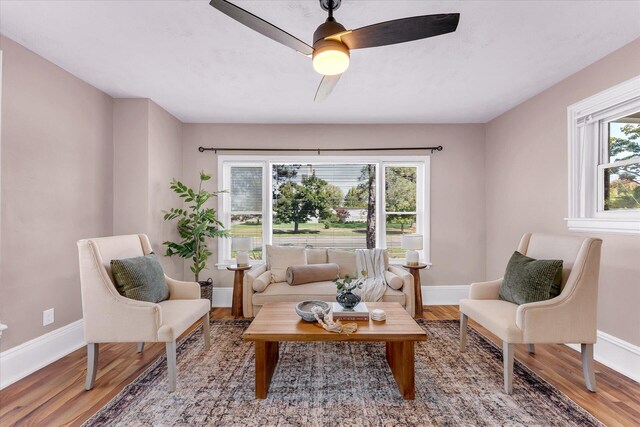 living area with ceiling fan and hardwood / wood-style flooring