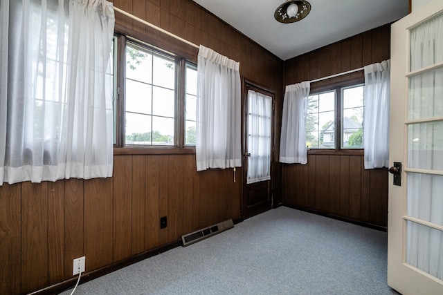 unfurnished room featuring wood walls, light colored carpet, and a healthy amount of sunlight