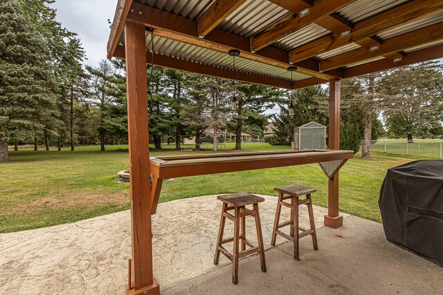 view of patio / terrace with area for grilling and a storage unit