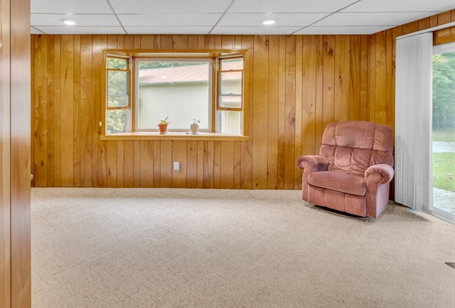 unfurnished room with a healthy amount of sunlight, wooden walls, and a paneled ceiling