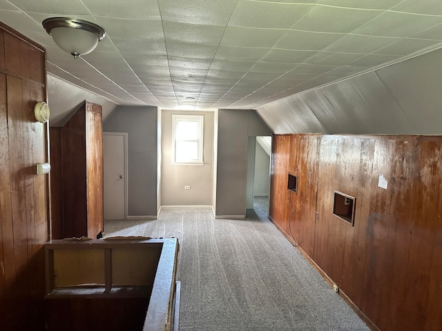 additional living space featuring wooden walls and light colored carpet