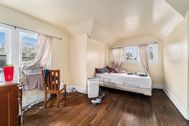 bedroom with lofted ceiling, dark wood-type flooring, and multiple windows