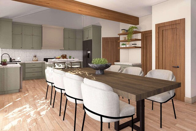 kitchen with black fridge, beam ceiling, tasteful backsplash, green cabinetry, and light hardwood / wood-style flooring