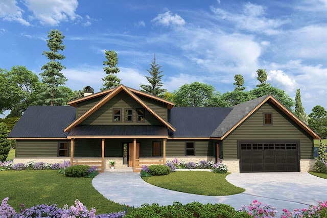 view of front of property featuring covered porch, a front yard, and a garage