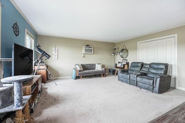 living room with ornamental molding, wood-type flooring, and a wall mounted AC