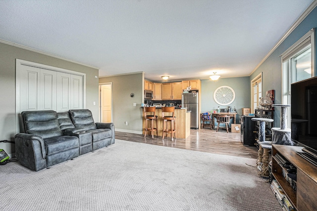 living room with crown molding and light hardwood / wood-style floors