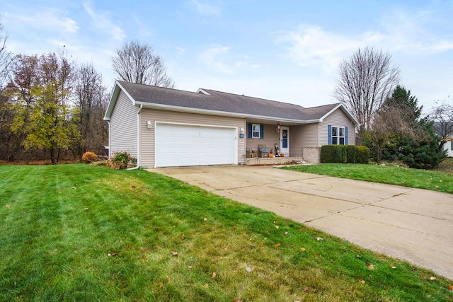 ranch-style house with a garage and a front yard